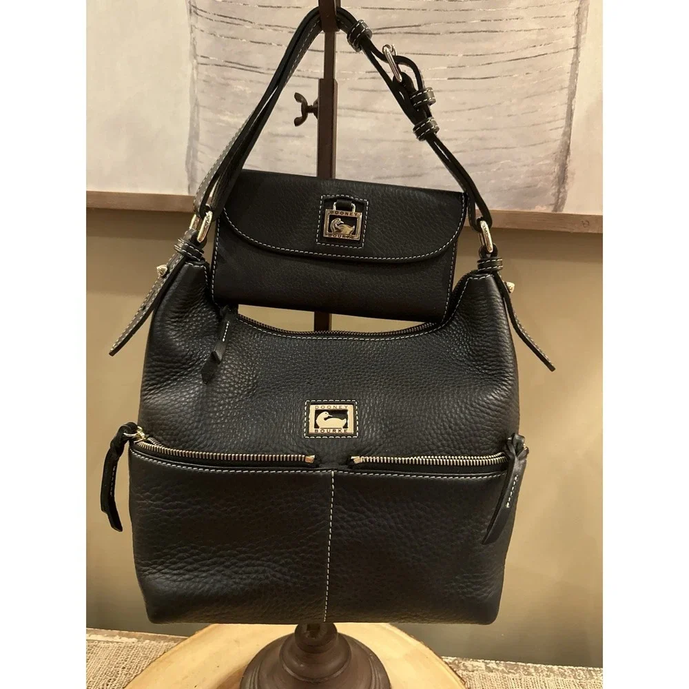 Dooney & Bourke Dillen Double Pocket Black Pebbled Leather‎ Hobo Bag & Wallet